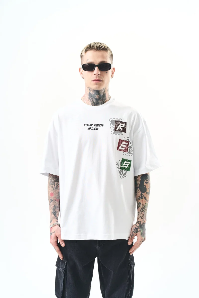 RESPIRE Men's Low Vision Embroidered Oversize T-Shirt, White