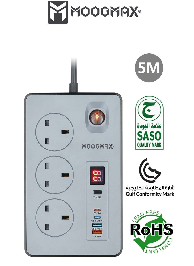 موجماكس توصيلة كهربائية جفاري بثلاث أفياش (مقابس) كهربائية بقوة 2990 واط ومزودة بأثنين منافذ تايب سي ندعم الشحن السريع حتى 20واط و أثنين منافذ يو اس بي (USB-A) متوافقة مع اغلب الأجهزة، وصله كهربائية مزودة بمؤقت للأطفاء التلقائي (لكل منافذ المشترك الكهربائي) ومزودة بزر تشغيل، وصلة كهربائية  أمنه ضد الحرائق حتى 750 درجة مئوية معتمد وحاصلة على شهادة الجودة والأمان (SASO و شهادة المطابقة الخليجية GCC و شهادة RoHS). بطول 5 متر .من موجماكس  - Image 1