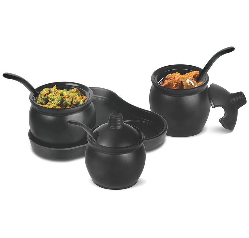 HAINE Melamine 3 piece AacharPickle Jar Set with Lid Spoons and Tray Black - Image 1