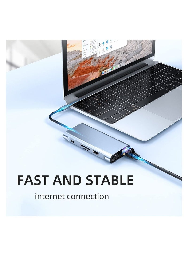 Captaintech USB C Adapter 10-in-1 Docking Station with 4K-HDMI VGA USB 3.0 USB C Port 100W PD RJ45 Ethernet TF Card Reader Compatible with MacBook Pro/Air and other Type C Devices - Image 4