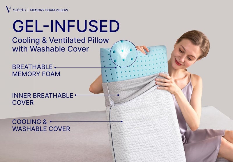 Vaverto Cooling Gel Memory Foam Pillow - 2-Pack - King Size Bed Pillows For Sleeping - Medium-Firm - Back, Stomach and Side Sleeper Pillow - Shoulder & Back Pain Relief - Washable , Bamboo Viscose Cover - Image 2