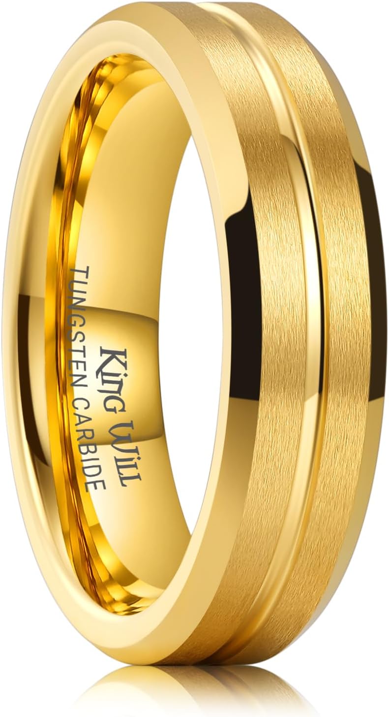 King Will Tungsten Carbide Wedding Band for Men Women-6/8/10mm Width Multicolor Available with Grooved Center Wedding Ring Suitable for Work, Gym Comfort Fit Size 4-16 - Image 1