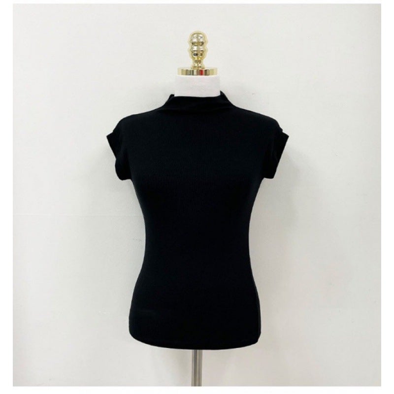 Chic design niche short white T-shirt womens short sleeve slim fit tight top T-shirt half turtleneck bottoming shirt Black - Image 1