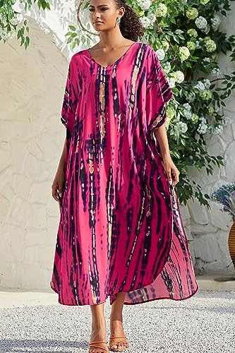 YouKD Print Floral Long Kaftan V-Neck Robe Boho Beach Swimsuit Cover Up Maxi Dress for Women - Image 3