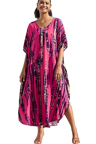 YouKD Print Floral Long Kaftan V-Neck Robe Boho Beach Swimsuit Cover Up Maxi Dress for Women - Image 2