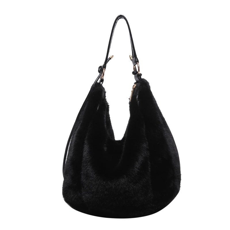 Extolove Fluffy Tote Bag Winter Fuzzy Purses for Women Faux Fur Bag with Strap Soft Furry Handbag Plush Crossbody Bags (Black) - Image 1