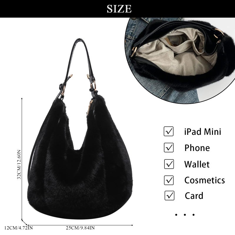 Extolove Fluffy Tote Bag Winter Fuzzy Purses for Women Faux Fur Bag with Strap Soft Furry Handbag Plush Crossbody Bags (Black) - Image 4
