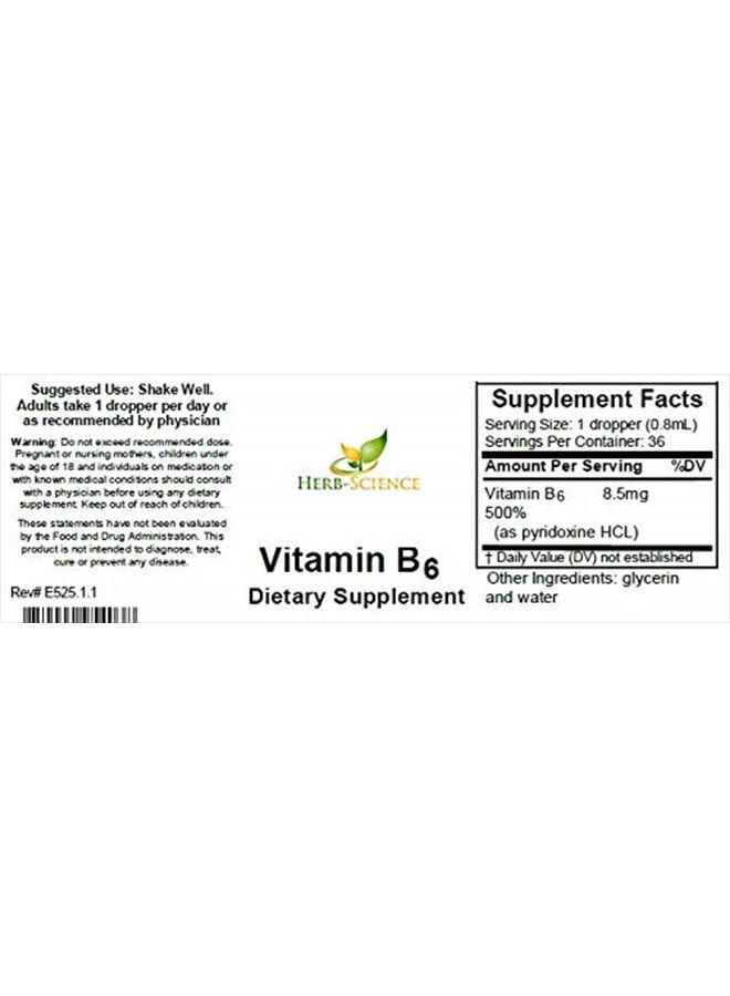 Herb-Science Liquid Vitamin B6 Drops - Pyridoxine Extract Dietary Supplement to Support Brain Function, Immunity, Nervous System, Heart Health, Metabolism - 500% DV, 36 Servings per Bottle - 1 fl. oz. - Image 2