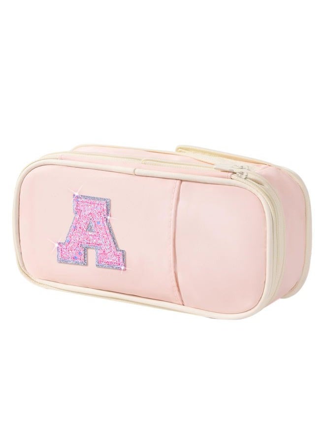 Janhavi Initial Large Capacity Premium Oxford Cute Aesthetic Pencil Case Pouch Bag Special School Supplies Colored Stationery Organizer Gifts for Girls, Women, Adults, Pink, A - Image 1