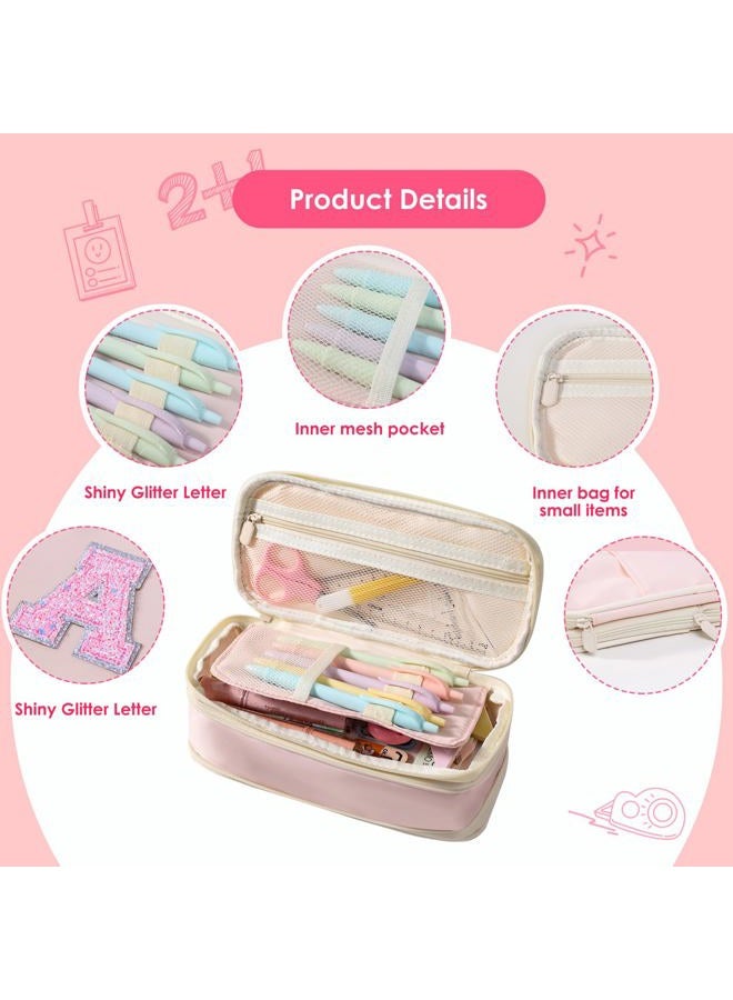 Janhavi Initial Large Capacity Premium Oxford Cute Aesthetic Pencil Case Pouch Bag Special School Supplies Colored Stationery Organizer Gifts for Girls, Women, Adults, Pink, A - Image 5