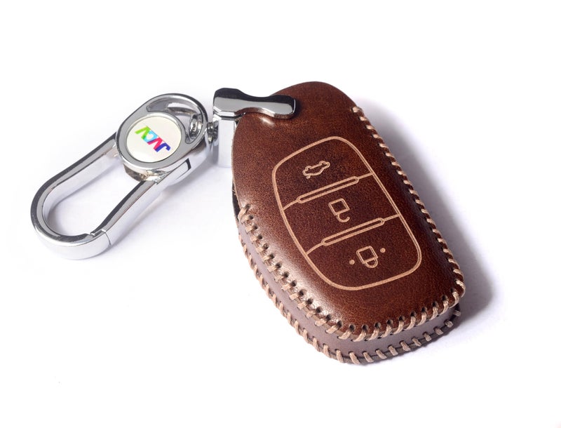 JVCV® Car Styling Soft Handmade Leather Key Cover Compatible with Hyundai Creta, i10 Grand, i20 Elite, i20 Active, Xcent, Verna 4s, Tucson, Elantra, Grand i10 Nios 3 Button Smart Key (Brown) - Image 1