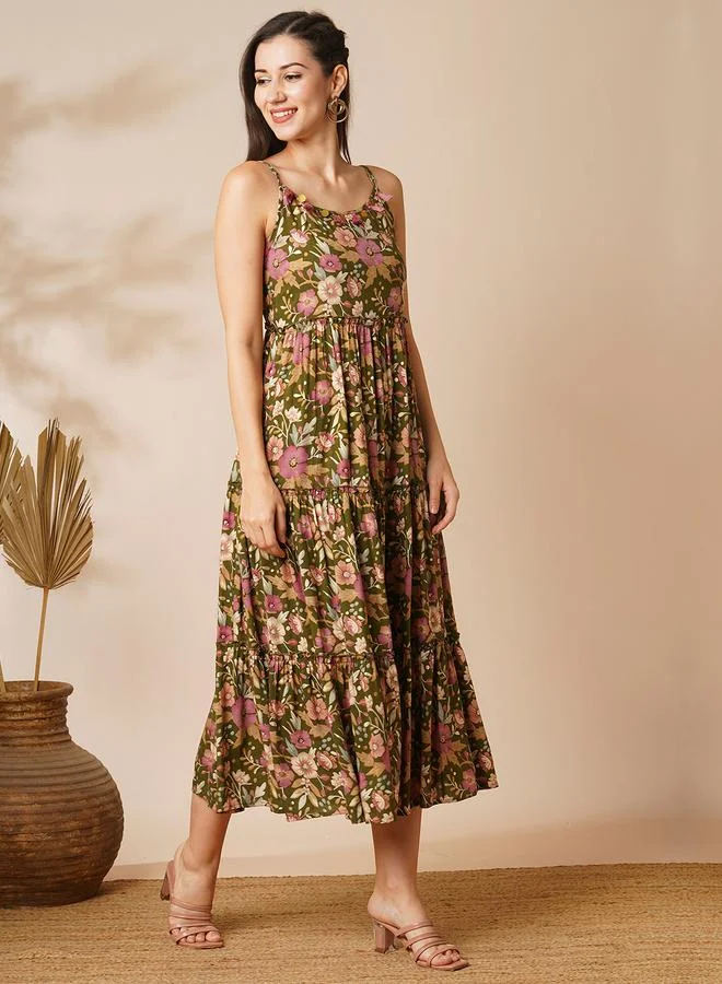 Globus Olive Floral Tiered Midi Dress