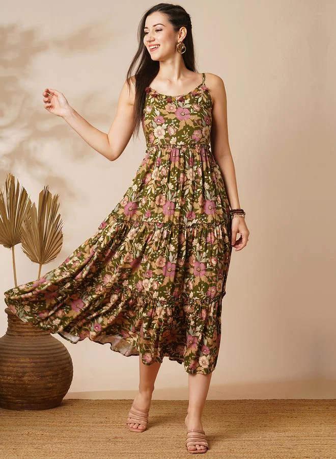 Globus Olive Floral Tiered Midi Dress