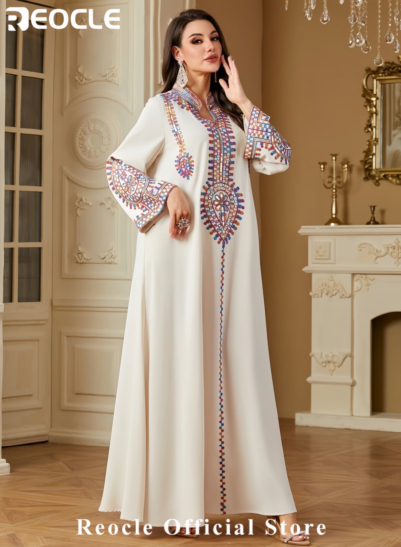 REOCLE Women's Elegant Embroidered Kaftan Dress Luxury Maxi Abaya Flowing Moroccan Robe Modest Evening Dress for Special Occasions - Image 4