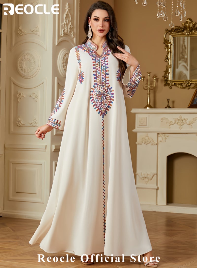 REOCLE Women's Elegant Embroidered Kaftan Dress Luxury Maxi Abaya Flowing Moroccan Robe Modest Evening Dress for Special Occasions - Image 3