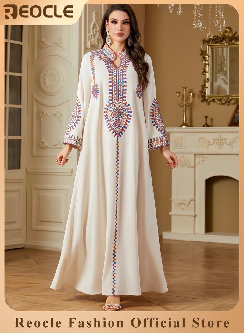 REOCLE Women's Elegant Embroidered Kaftan Dress Luxury Maxi Abaya Flowing Moroccan Robe Modest Evening Dress for Special Occasions - Image 1