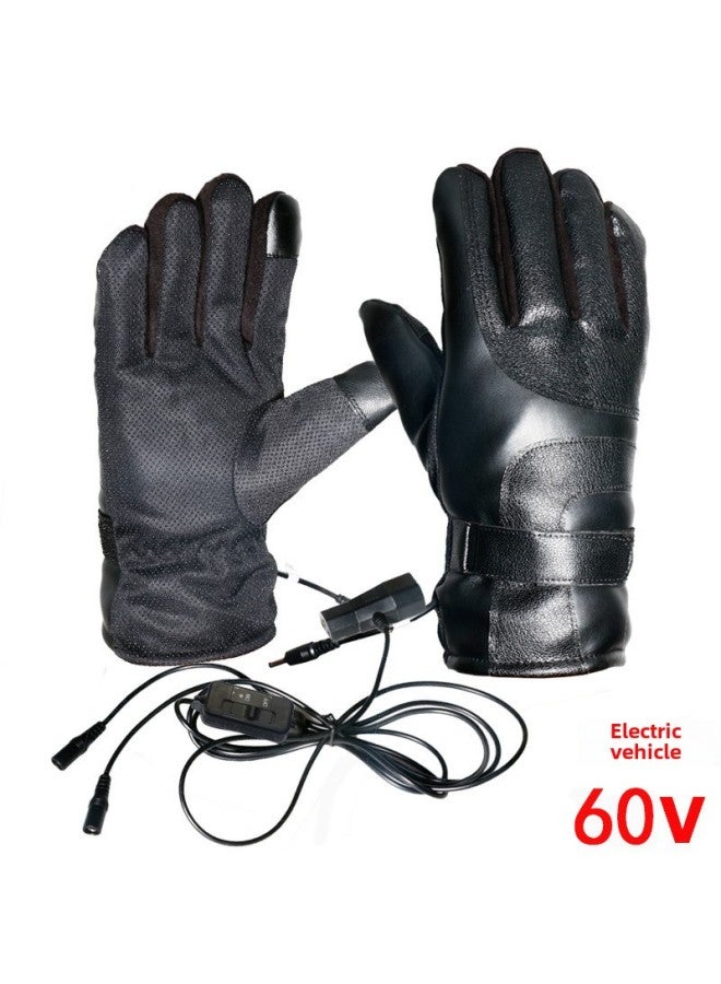 Electric Car Electric Heating Gloves Motorcycle Battery Car Tricycle Winter Riding Usb Heating Winter Electric Hand Warmer-Color:60v B Style Black + Pu Leather Fabric-Applicable Models:One Size Fits All  - Image 1