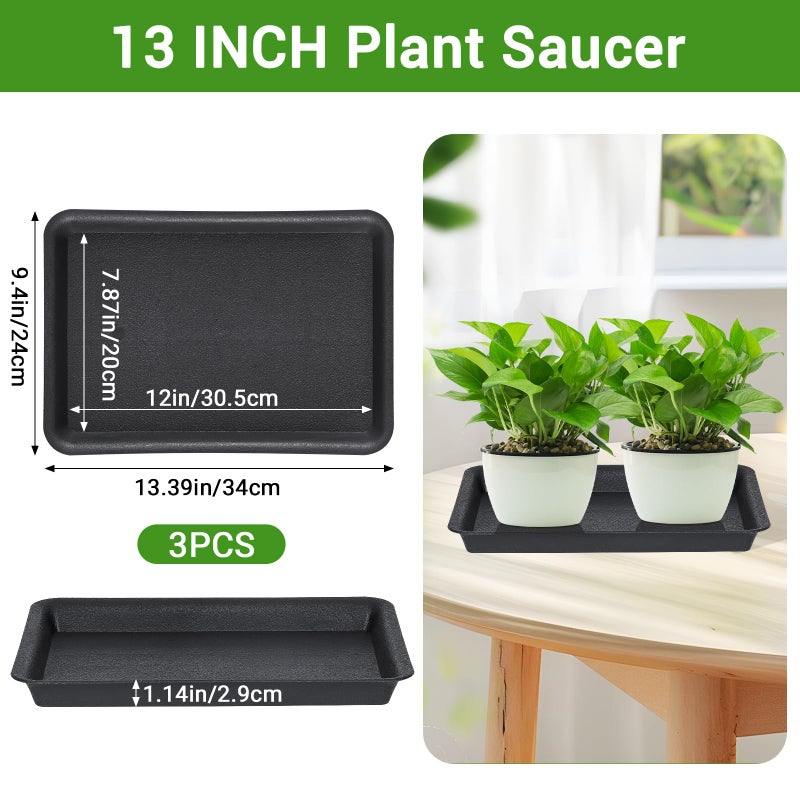 GREANER Plant Saucer Tray Rectangular, Heavy Sturdy Plastic Plant Drainage Trays, Plant Pot Drainage Tray for Indoor Outdoor, Plant Drip Trays for Pots, Seed Starter Growing Tray(13 x 9 inch, Black) - Image 2