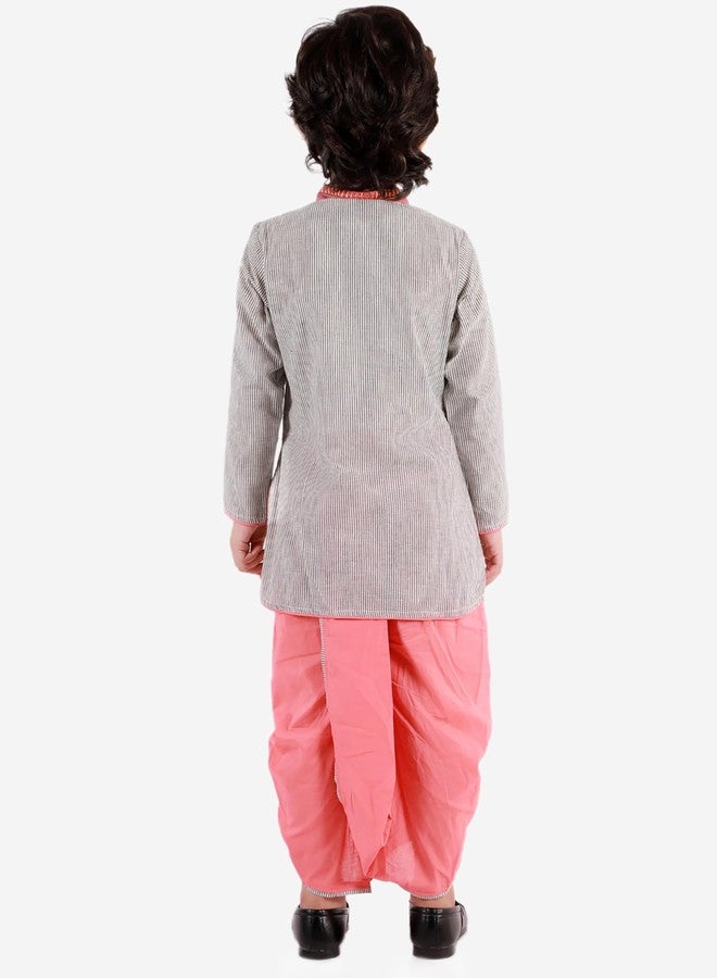Twisha Boys Cotton Asymmetrical Kurta & Dhoti Pants Set - Grey & Peach - Image 4