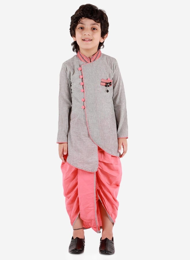 Twisha Boys Cotton Asymmetrical Kurta & Dhoti Pants Set - Grey & Peach - Image 3