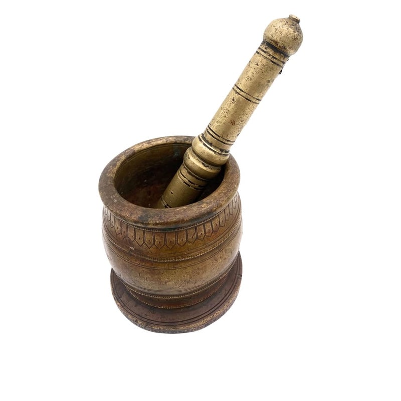 Bhunes Bhunes Brass Vintage Mortar Pestle Okhal Aur MoosalBrown 45 Inch 1 Piece  - Image 3