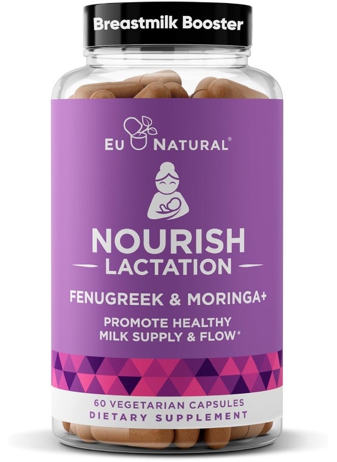 Eu Natural Nourish Lactation Supplement - Postpartum Support For Healthy Milk Flow & Production - Fenugreek Capsules For Women With Goat'S Rue, Milk Thistle, Fennel Seed & Organic Moringa, 60 Vegan Soft Capsules  - Image 1