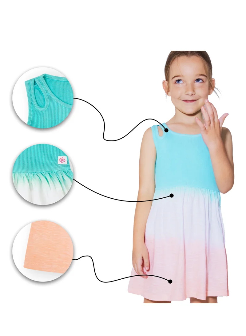 CANADA HOUSE Soft and Comfortable Cotton Dress with Short Sleeves and Round Neckline for Girls Orange Glacier Blue