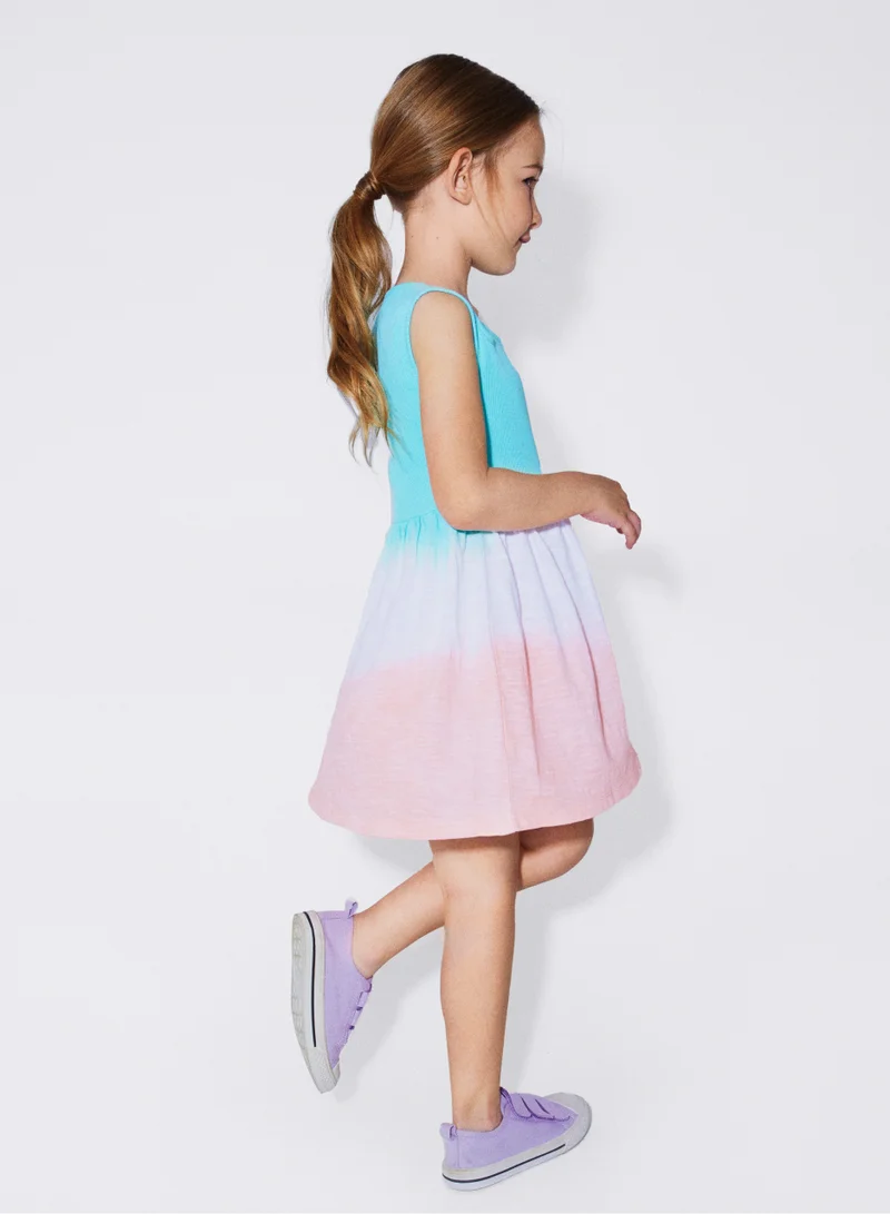 CANADA HOUSE Soft and Comfortable Cotton Dress with Short Sleeves and Round Neckline for Girls Orange Glacier Blue