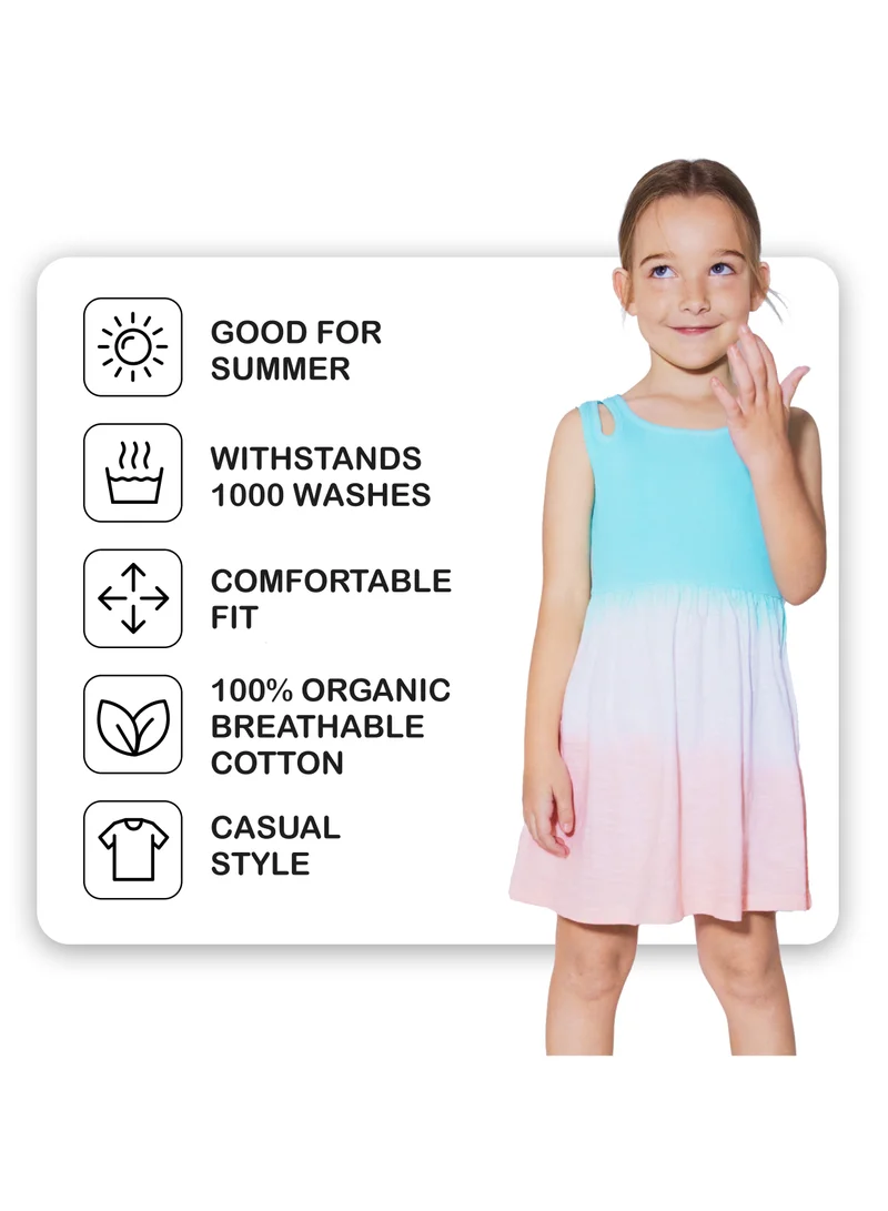 CANADA HOUSE Soft and Comfortable Cotton Dress with Short Sleeves and Round Neckline for Girls Orange Glacier Blue
