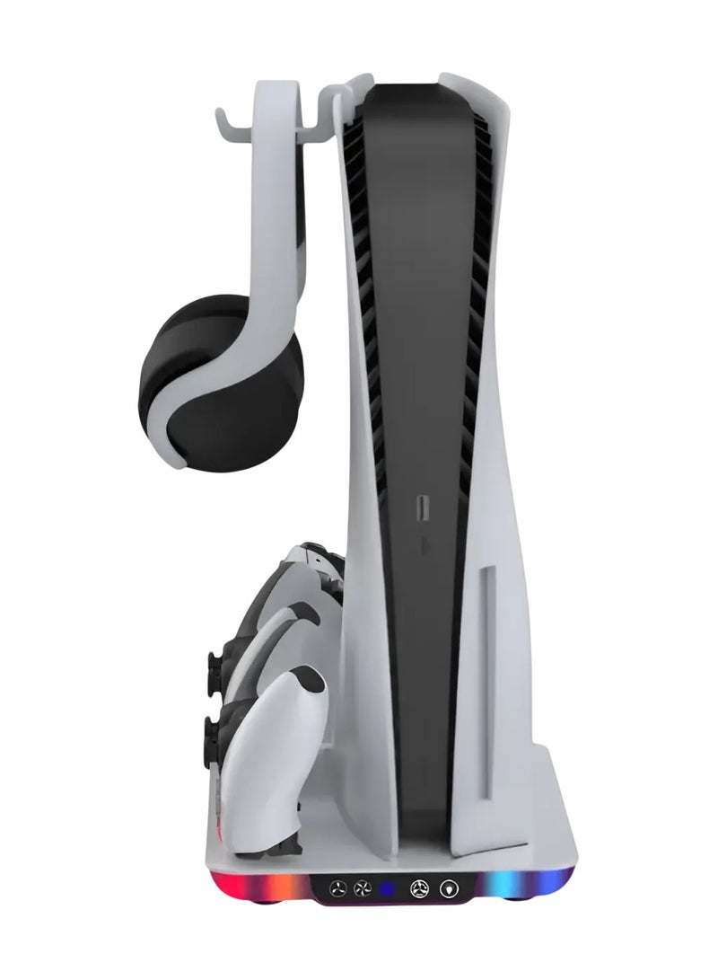 Multifunctional 5-in-1 Cooling & Charging Stand for PS5 Slim – RGB Lighting, Dual Controller Charger, Efficient Cooling Fan & Space-Saving Design - Image 1