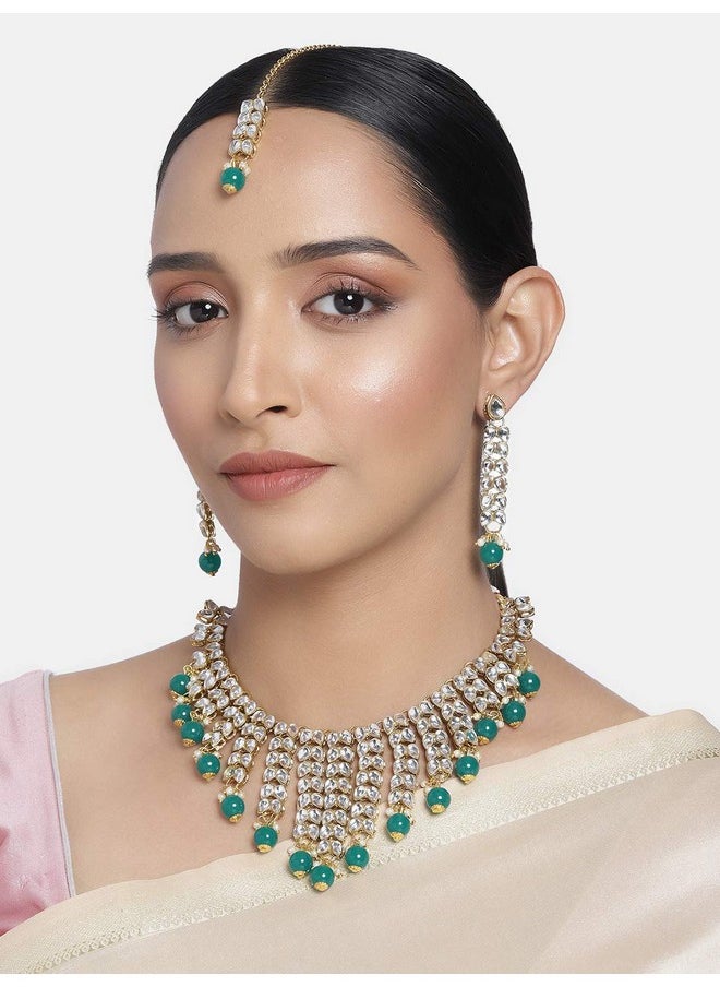 Aheli Elegant Indian Wedding Wear Faux Kundan Studded Choker Necklace With Maang Tikka Set Ethnic Fashion Jewelry For Women (Green Stone Kundan Leaf)  - Image 2