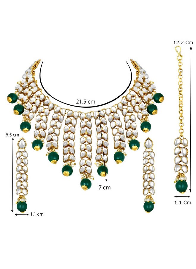 Aheli Elegant Indian Wedding Wear Faux Kundan Studded Choker Necklace With Maang Tikka Set Ethnic Fashion Jewelry For Women (Green Stone Kundan Leaf)  - Image 4