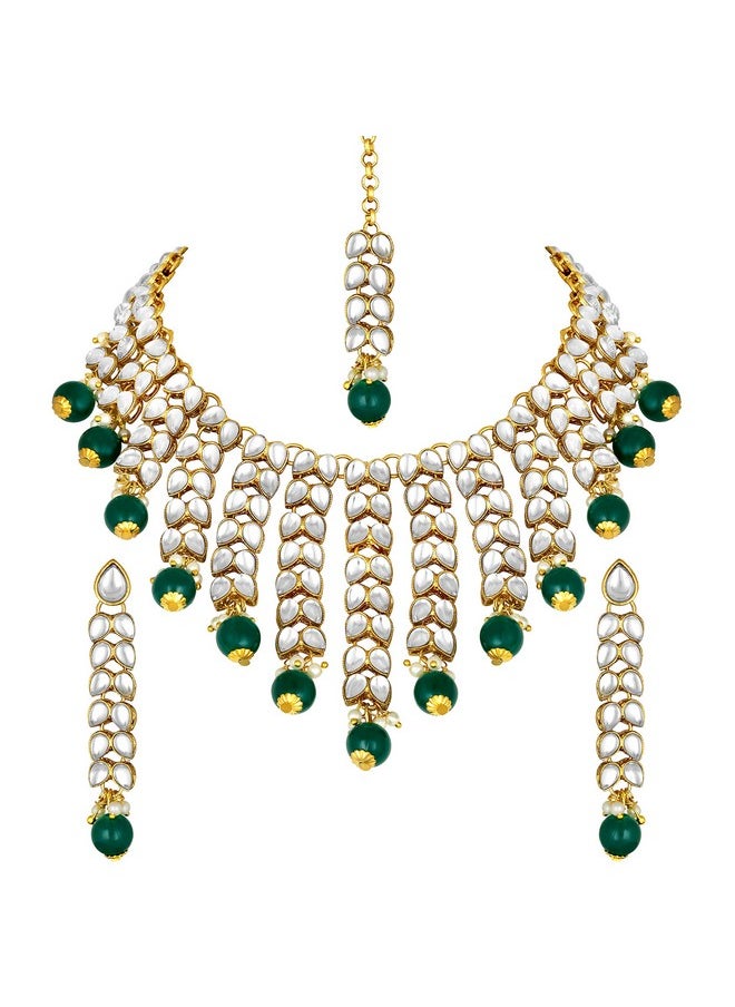Aheli Elegant Indian Wedding Wear Faux Kundan Studded Choker Necklace With Maang Tikka Set Ethnic Fashion Jewelry For Women (Green Stone Kundan Leaf)  - Image 1