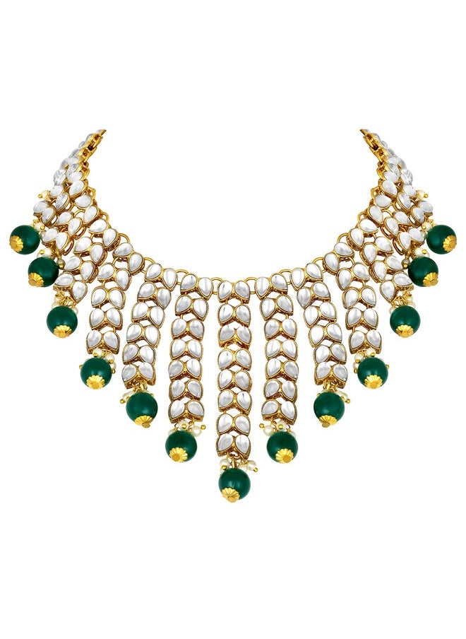 Aheli Elegant Indian Wedding Wear Faux Kundan Studded Choker Necklace With Maang Tikka Set Ethnic Fashion Jewelry For Women (Green Stone Kundan Leaf)  - Image 5