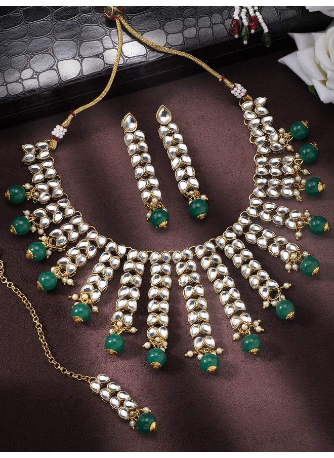 Aheli Elegant Indian Wedding Wear Faux Kundan Studded Choker Necklace With Maang Tikka Set Ethnic Fashion Jewelry For Women (Green Stone Kundan Leaf)  - Image 3
