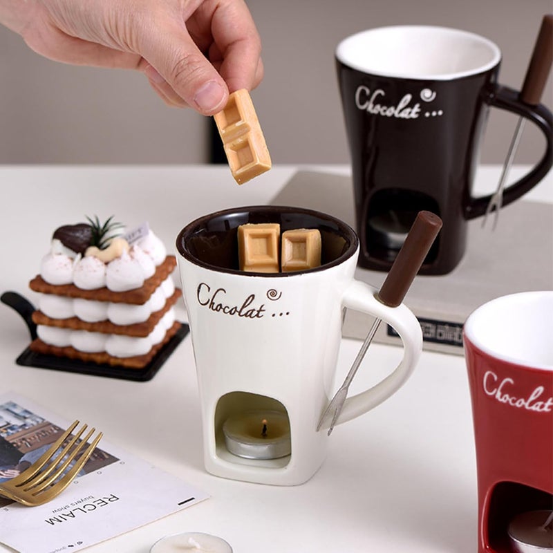 MFCMF Chocolate Fondue Mug Set with Fork – Ceramic Melting Cup for Chocolate, Cheese, Butter – Romantic Gift for Date Night, Birthday, Wedding (Coffee) - Image 3