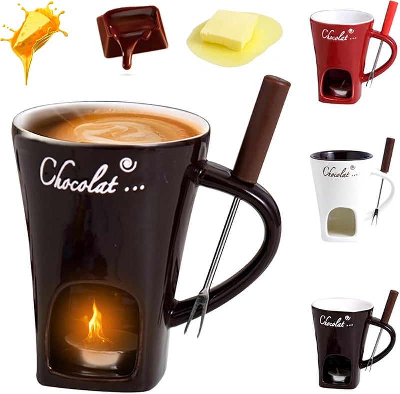 MFCMF Chocolate Fondue Mug Set with Fork – Ceramic Melting Cup for Chocolate, Cheese, Butter – Romantic Gift for Date Night, Birthday, Wedding (Coffee) - Image 1