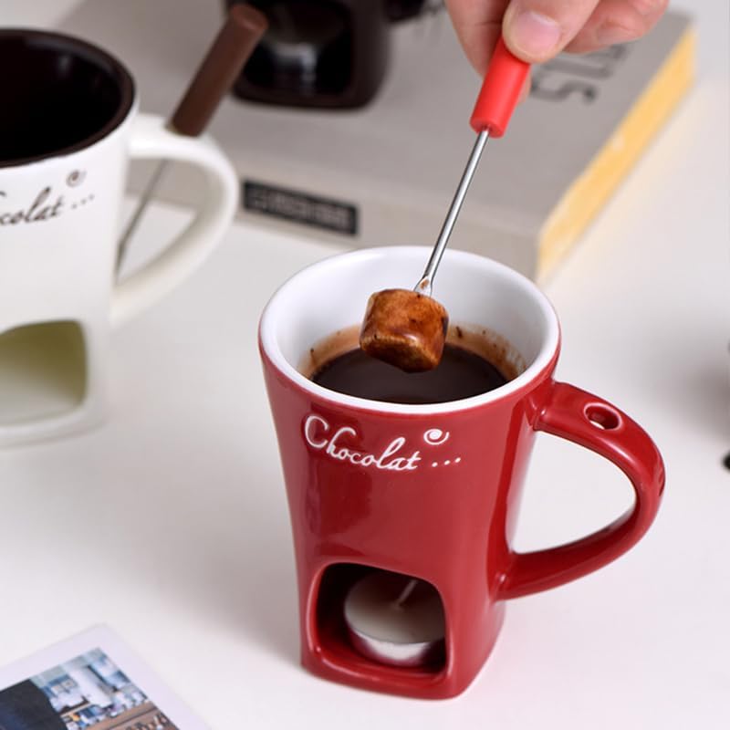 MFCMF Chocolate Fondue Mug Set with Fork – Ceramic Melting Cup for Chocolate, Cheese, Butter – Romantic Gift for Date Night, Birthday, Wedding (Coffee) - Image 5