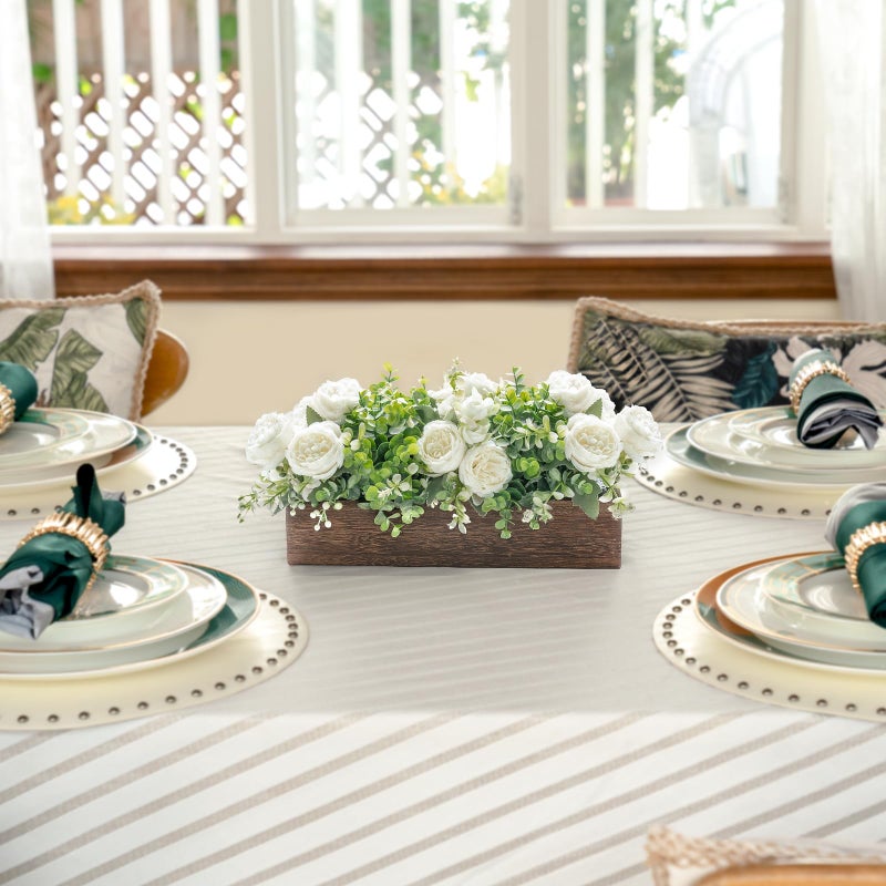Dahey Centerpiece Table Decorations for Dining Room Farmhouse Living Room Table Centerpieces Decor Wood Tray with 3 Artificial Flowers and 2 Eucalyptus for Kitchen Table, 14.1" x 4.7" x 3.1", White - Image 2