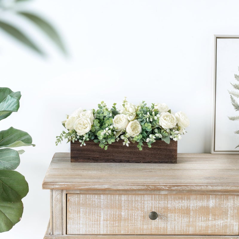 Dahey Centerpiece Table Decorations for Dining Room Farmhouse Living Room Table Centerpieces Decor Wood Tray with 3 Artificial Flowers and 2 Eucalyptus for Kitchen Table, 14.1" x 4.7" x 3.1", White - Image 4