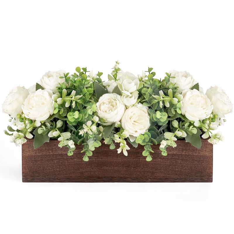 Dahey Centerpiece Table Decorations for Dining Room Farmhouse Living Room Table Centerpieces Decor Wood Tray with 3 Artificial Flowers and 2 Eucalyptus for Kitchen Table, 14.1" x 4.7" x 3.1", White - Image 1