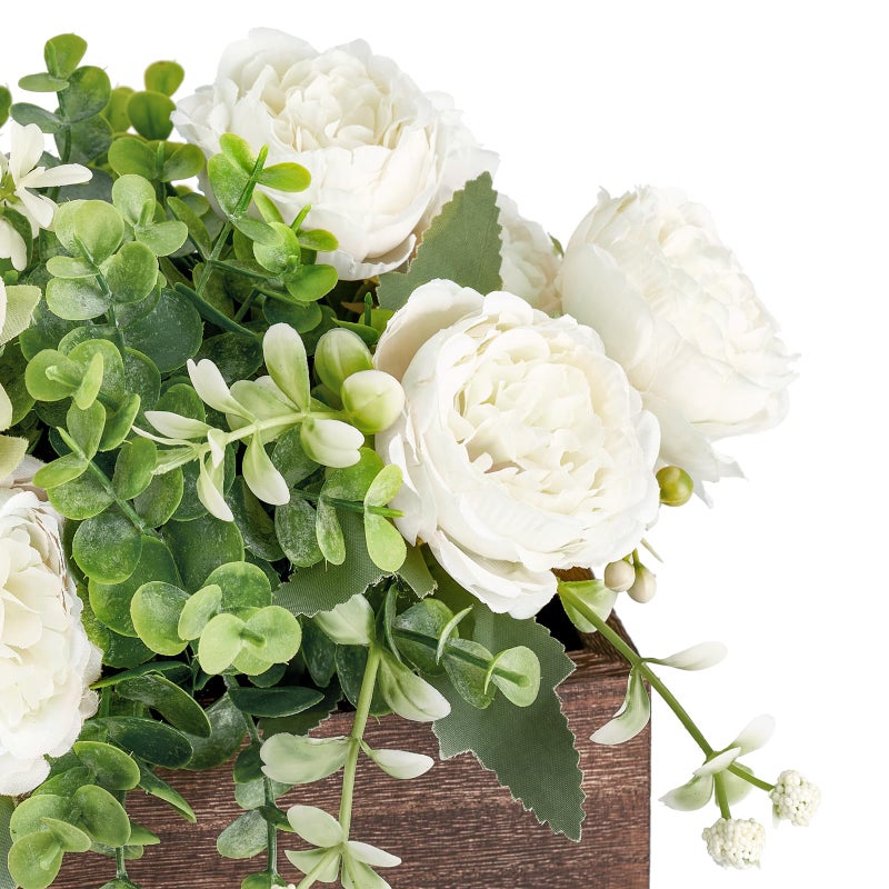 Dahey Centerpiece Table Decorations for Dining Room Farmhouse Living Room Table Centerpieces Decor Wood Tray with 3 Artificial Flowers and 2 Eucalyptus for Kitchen Table, 14.1" x 4.7" x 3.1", White - Image 5