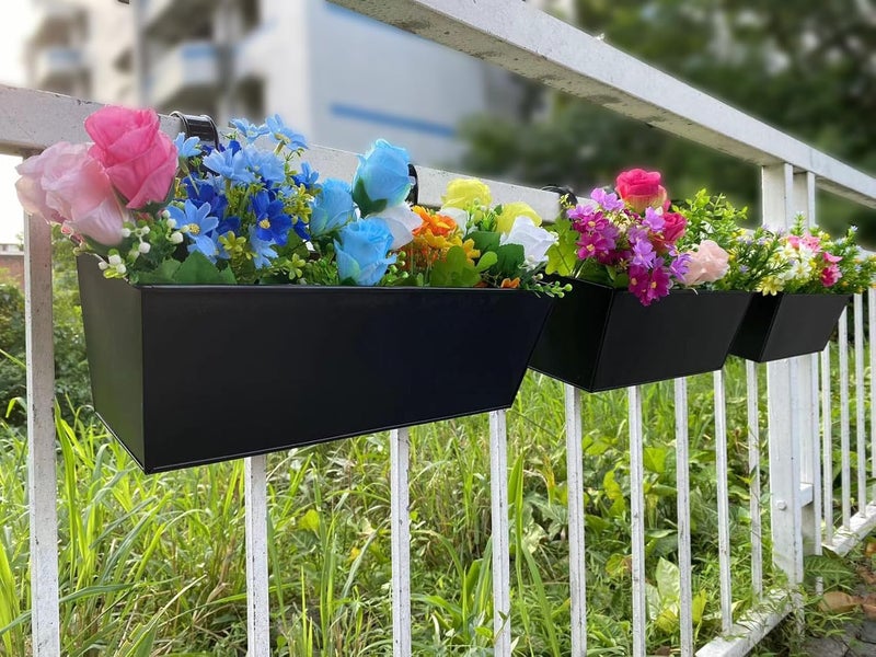 JFMAMJ 3 Pcs Large Hanging Flower Pots for Railing Or Fence 16 Inch Railing Planter Box for Any Balcony, Porch or Deck Countryside Style Window Planter Boxes Are Perfect to Herbs & Flowers for Garden (Black) - Image 4