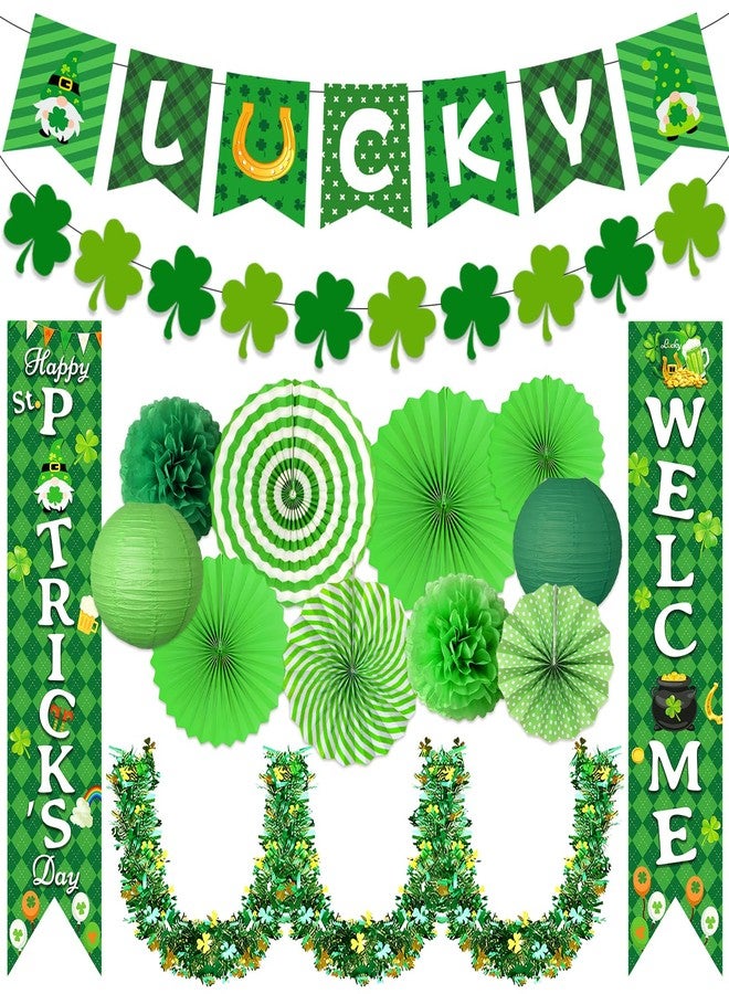 FINDRICH St Patricks Day Decorations Party Supplies Set - St Patty's Designed Lucky Banner & Welcome Porch Sign with Paper Fans Pompoms Garland, Indoor Outdoor Irish Shamrock Saint Patricks day Decor for Home - Image 1