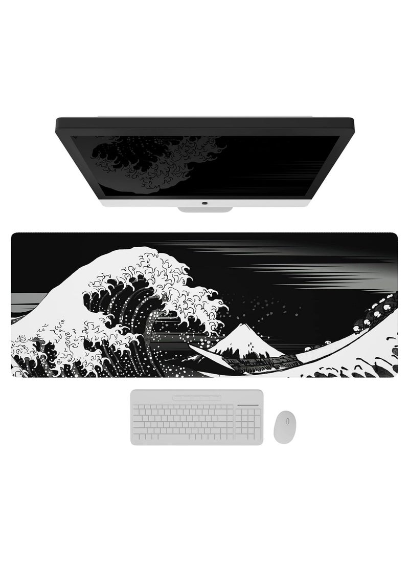 SKY-TOUCH - Large Gaming Mouse Pad with Stitched Edges | Extended XL Mousepad 80x30cm, Anti-Slip Base – Black Waves - Image 1