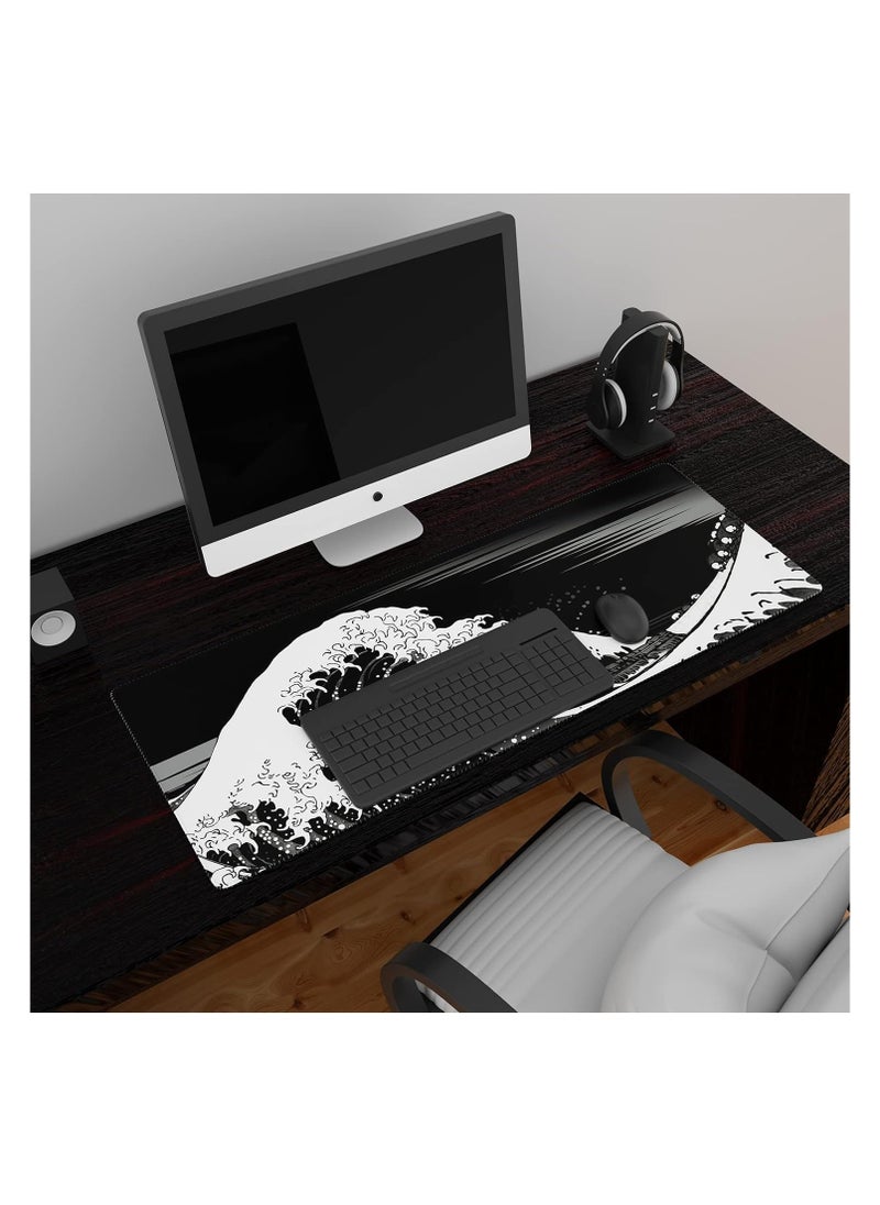 SKY-TOUCH - Large Gaming Mouse Pad with Stitched Edges | Extended XL Mousepad 80x30cm, Anti-Slip Base – Black Waves - Image 1
