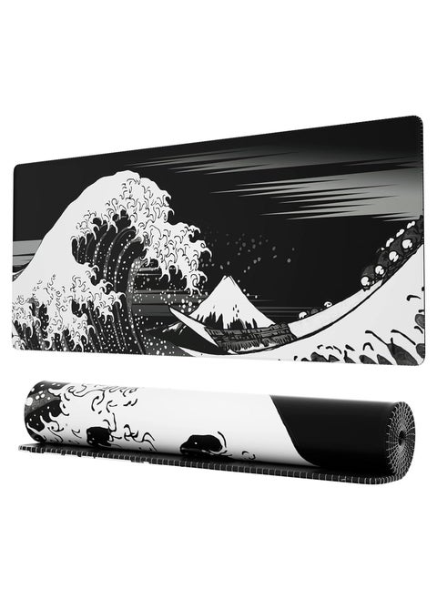 Large Gaming Mouse Pad with Stitched Edges | Extended XL Mousepad 80x30cm, Anti-Slip Base – Black Waves