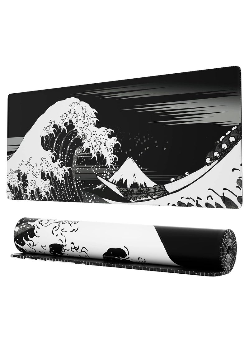 SKY-TOUCH - Large Gaming Mouse Pad with Stitched Edges | Extended XL Mousepad 80x30cm, Anti-Slip Base – Black Waves - Image 1