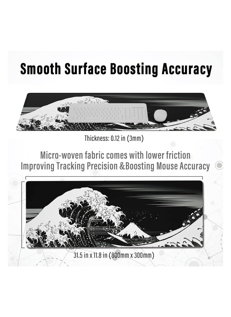 SKY-TOUCH - Large Gaming Mouse Pad with Stitched Edges | Extended XL Mousepad 80x30cm, Anti-Slip Base – Black Waves - Image 1