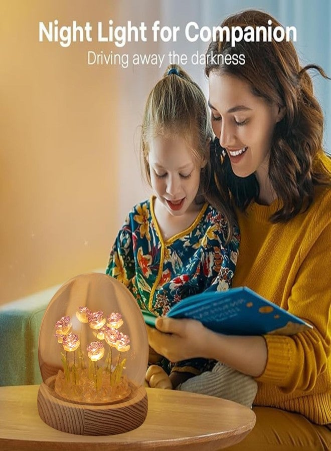 One94Store مصباح ليلي LED على شكل وردة من One94Store | قاعدة خشبية دائرية مع 9 زهور ورد صناعية مزدوجة الظل (بنفسجي وأبيض) | مصباح طاولة لتزيين غرفة النوم، والحفلات، وأعياد الميلاد، وهدية ذكرى الزواج - Image 5